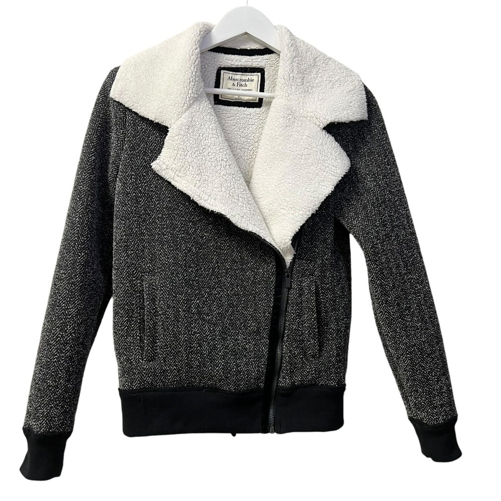 Abercrombie & Fitch Bomber Jacket Women's Small Black‎ White Tweed Sherpa L/S